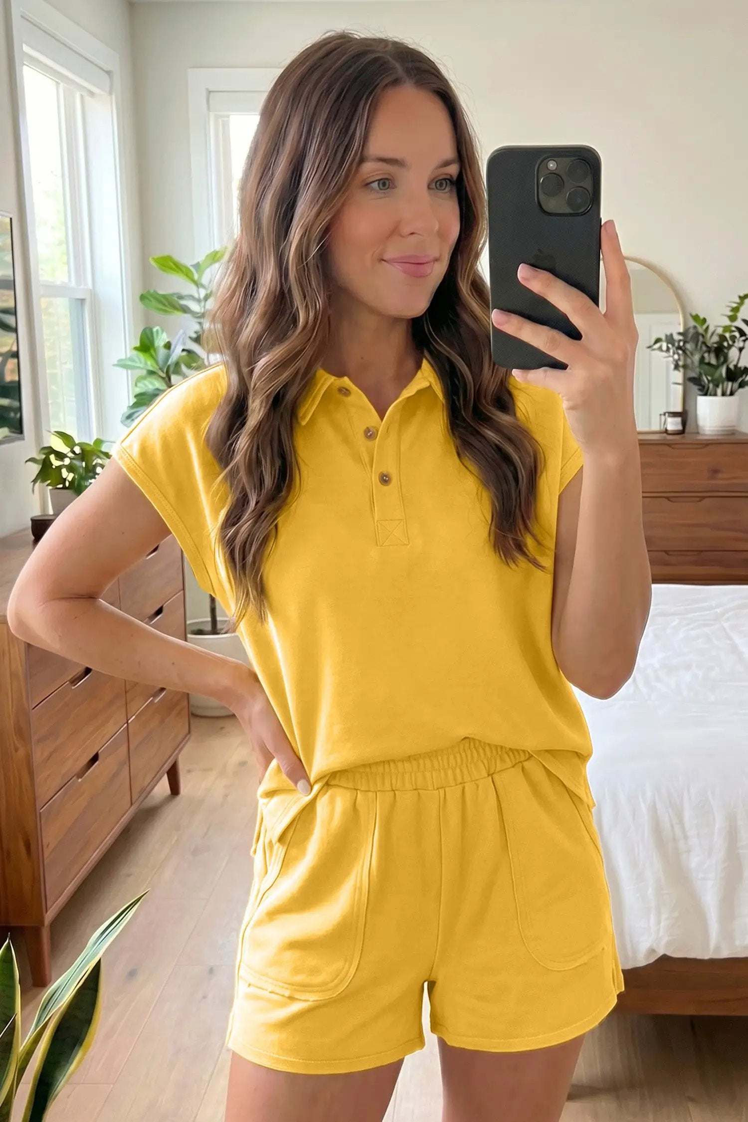 Loose Polo Tee Short Set with elastic waist shorts vacation outfit