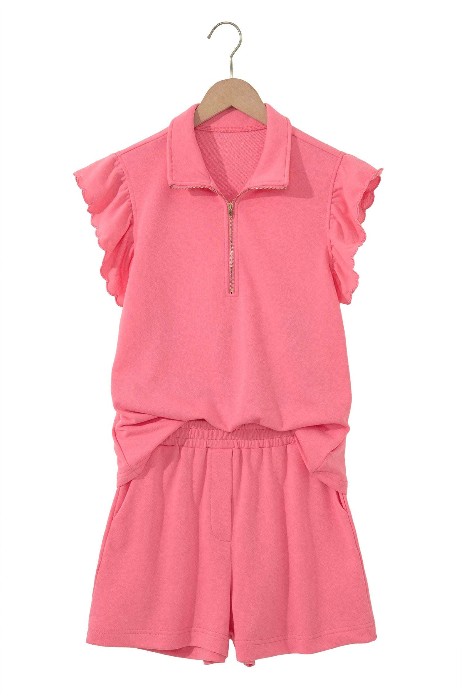 Ruffled Half Zip Short Set cozy vacation outfit with matching shorts