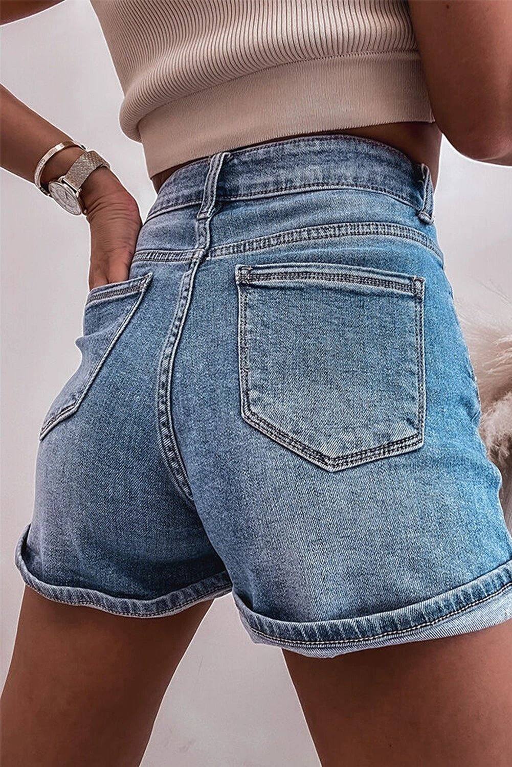 Blue rhinestone embellished denim shorts with high-rise waist and rolled cuffs, Summer Spark style