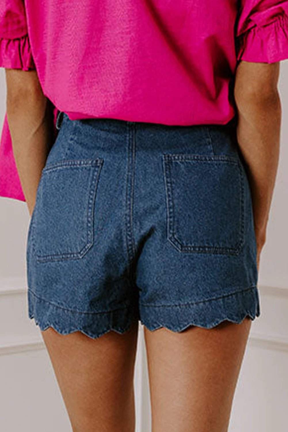 white scalloped hemline acid wash high waist denim shorts for women casual everyday outfit