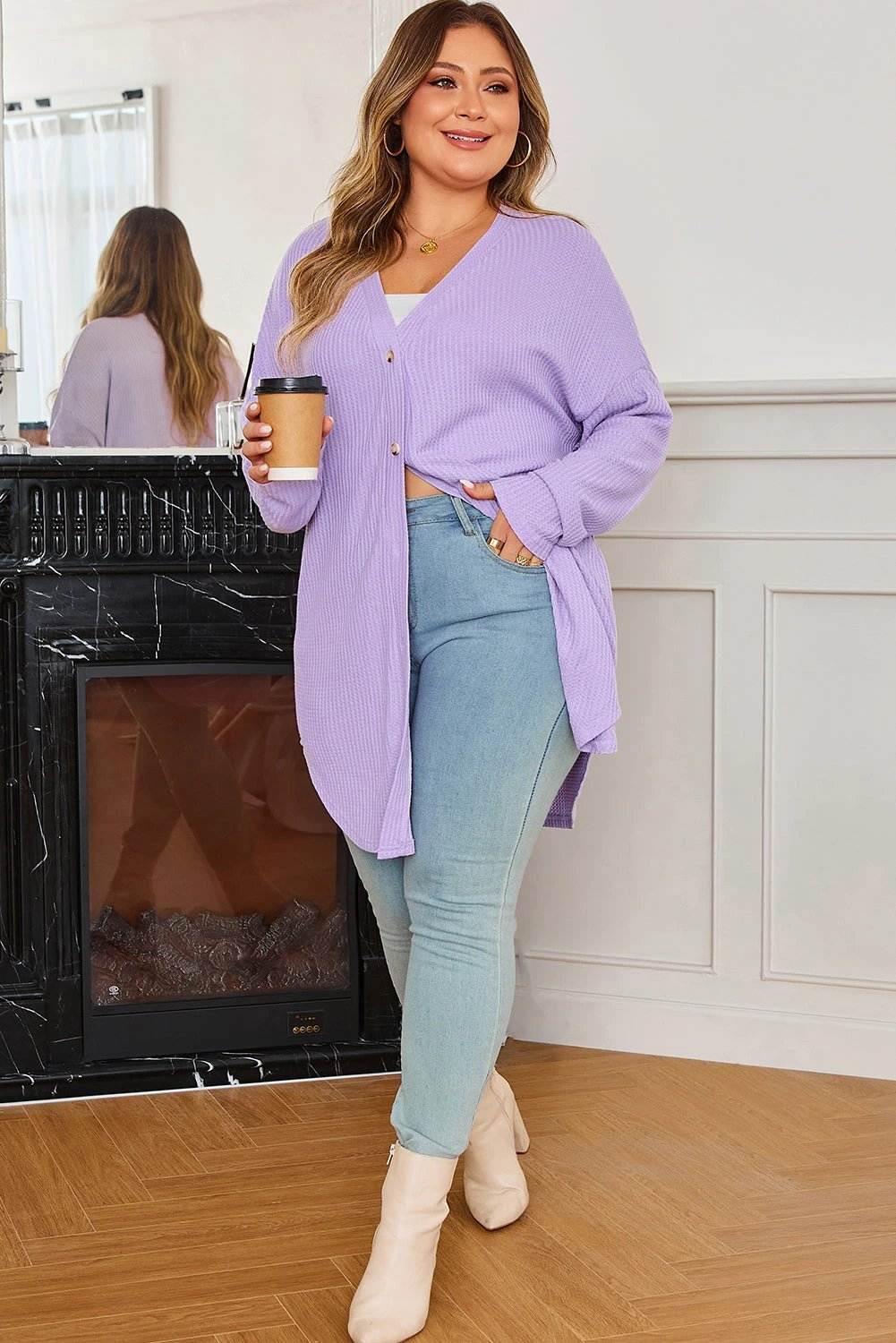 Plus size waffle knit lavender cardigan with button front and longline relaxed fit