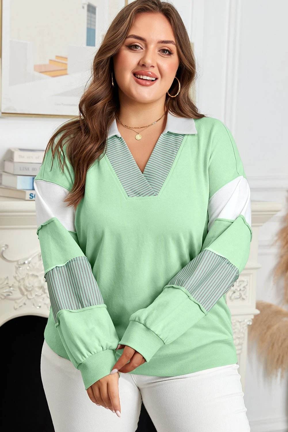 Plus size Cozy Confidence Moment color block patchwork collar V-neck sweatshirt