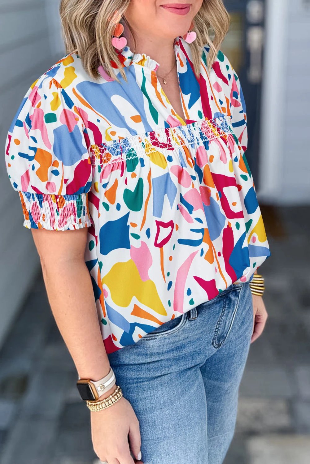 Dear-Lover Dropshipping White Abstract Print Shirred Cuff Puff Sleeve Plus Size Blouse - Plus Size/Plus Size Tops/Plus Size Blouses & Shirts