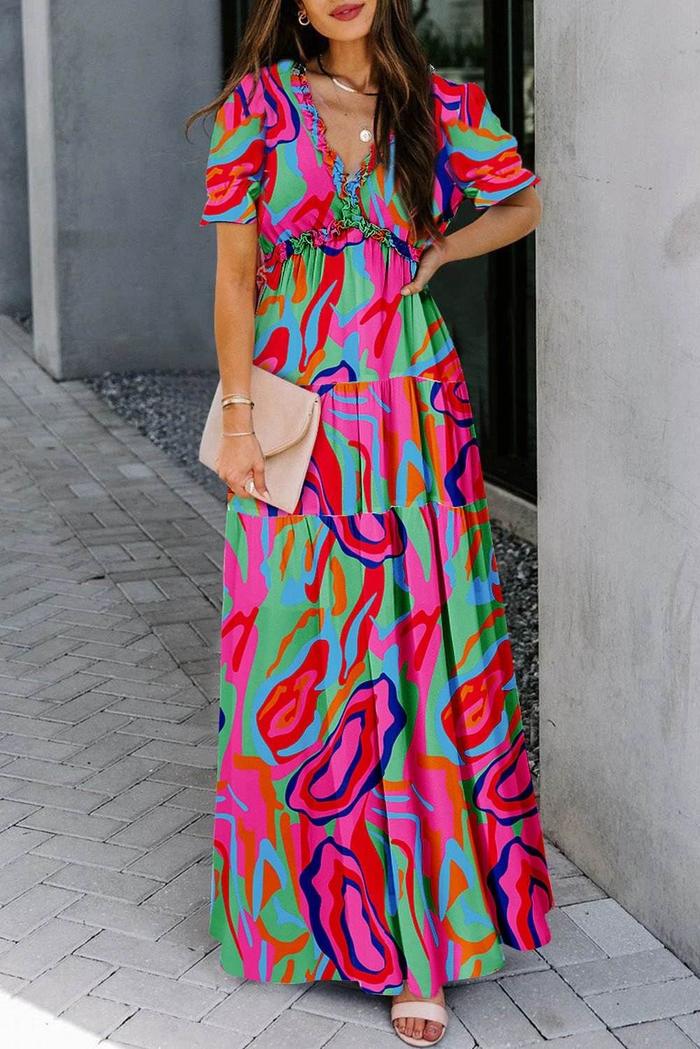 sky blue fiery floral print frilled v neck short sleeve maxi dress for women casual everyday outfit