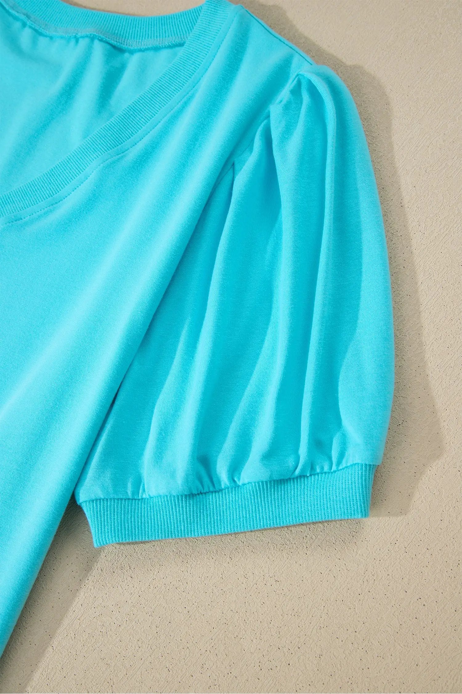 Dear-Lover Dropshipping Mint Green Solid Color V Neck Short Puff Sleeve Blouse - Blouses Tops/Blouses & Shirts