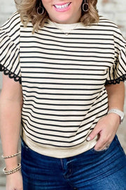 Plus size black stripe eyelet trimmed ruffled short sleeve top with creamy base