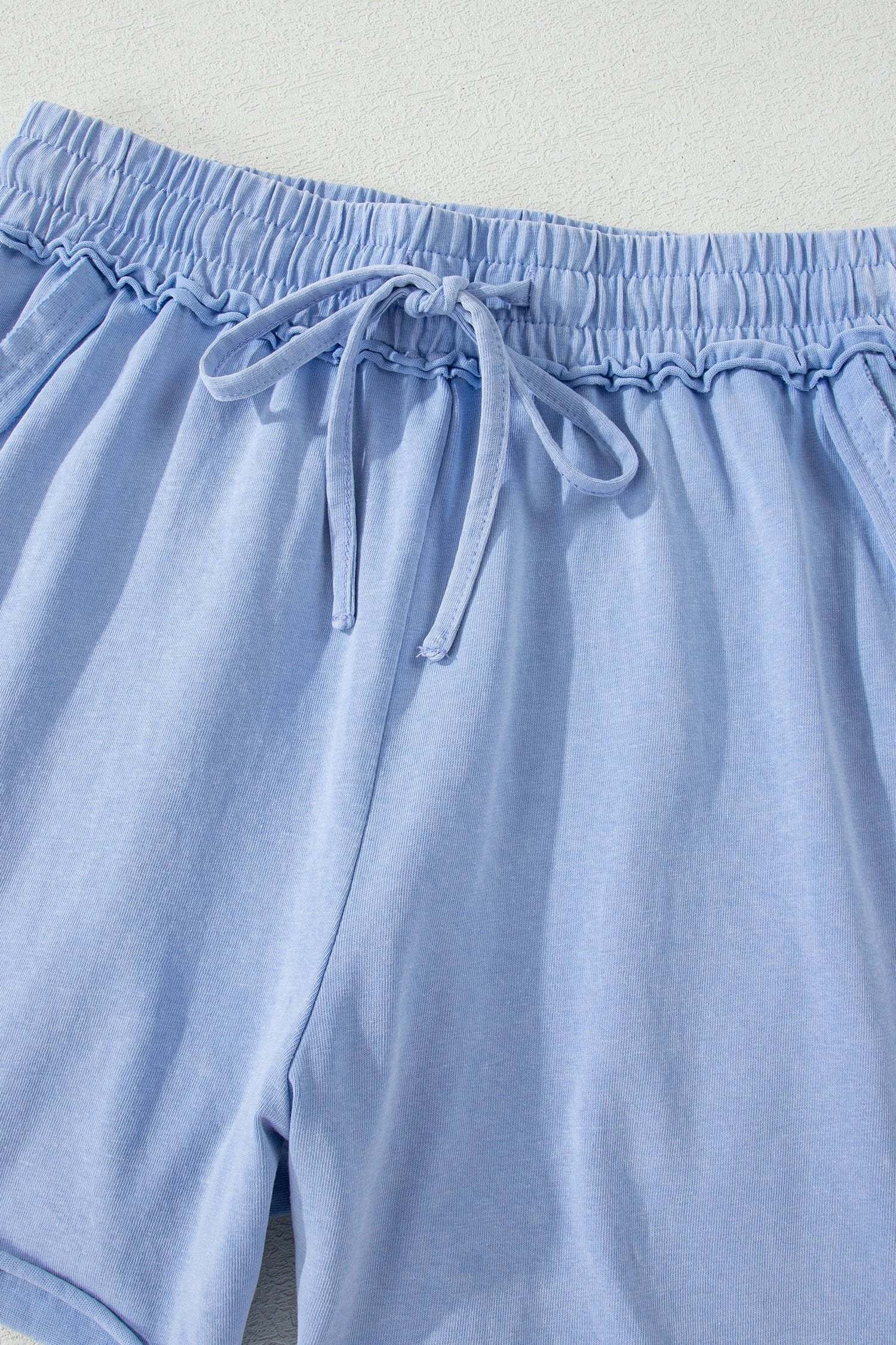 sea green mineral washed drawstring elastic waist raw cut shorts for women casual everyday outfit