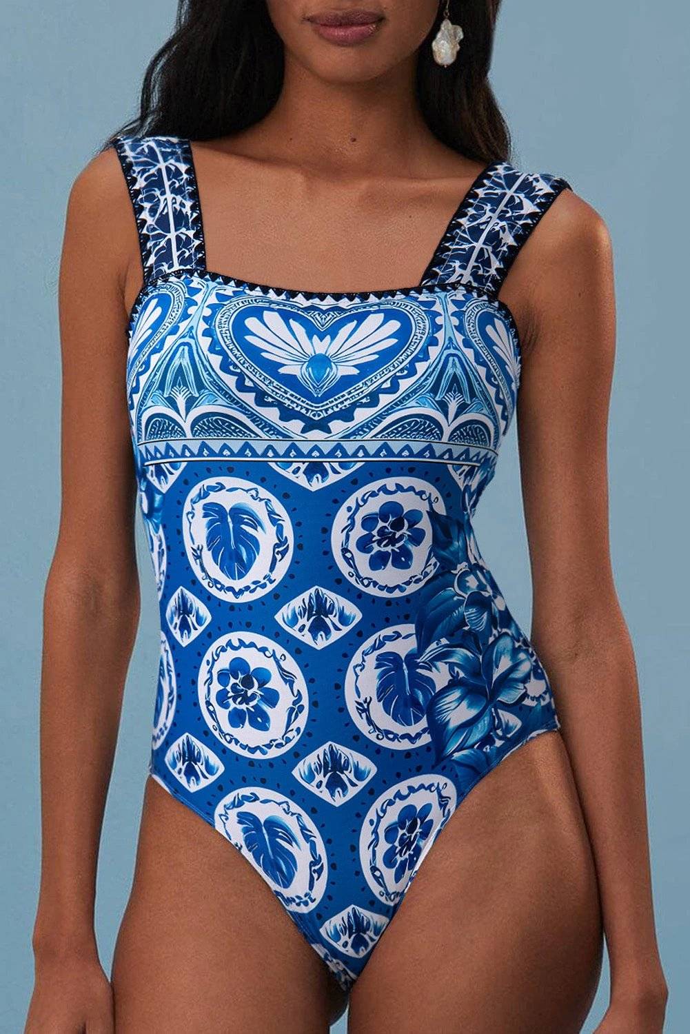 blue tile pattern ricrac wide straps sheath one piece swimsuit for women casual everyday outfit