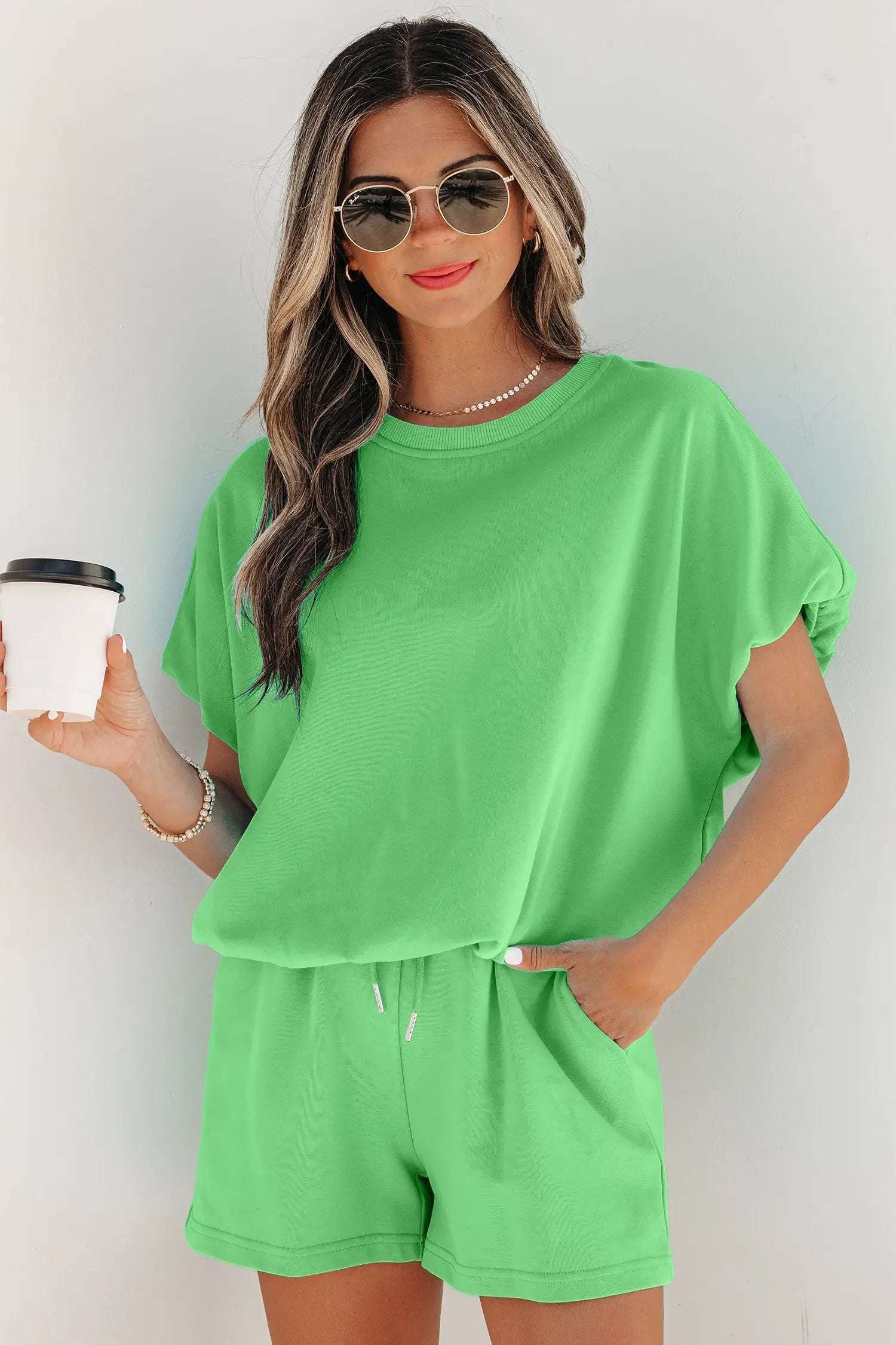 J&H Apparel Green Solid Color Puffy Loose Top Drawstring Shorts 2pcs Outfit - Outfit Sets Two Piece Sets/Short Sets