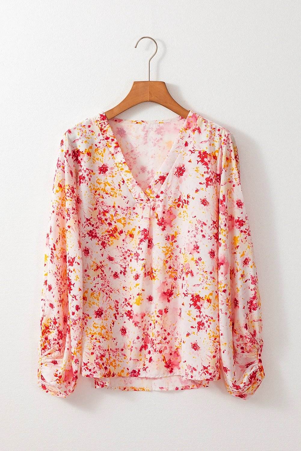 pink ditsy floral bubble sleeve v neck blouse for women casual everyday outfit