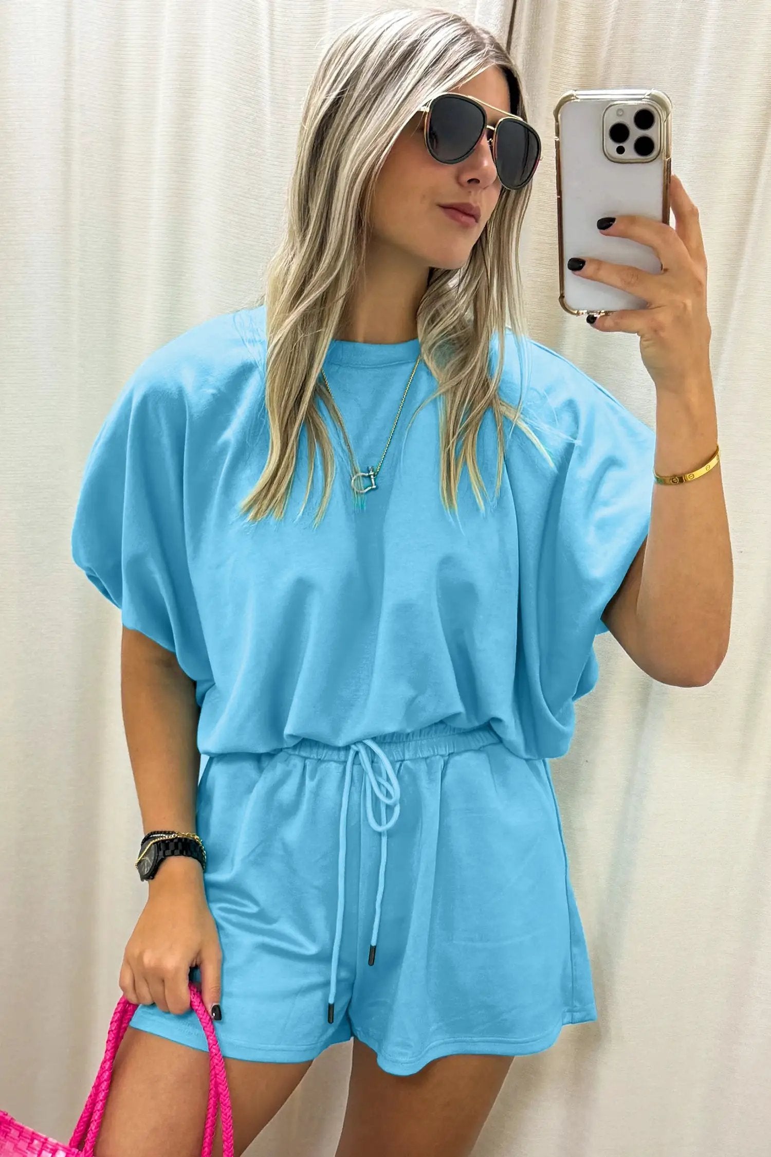 green solid color puffy loose top drawstring shorts 2pcs outfit for women casual everyday outfit