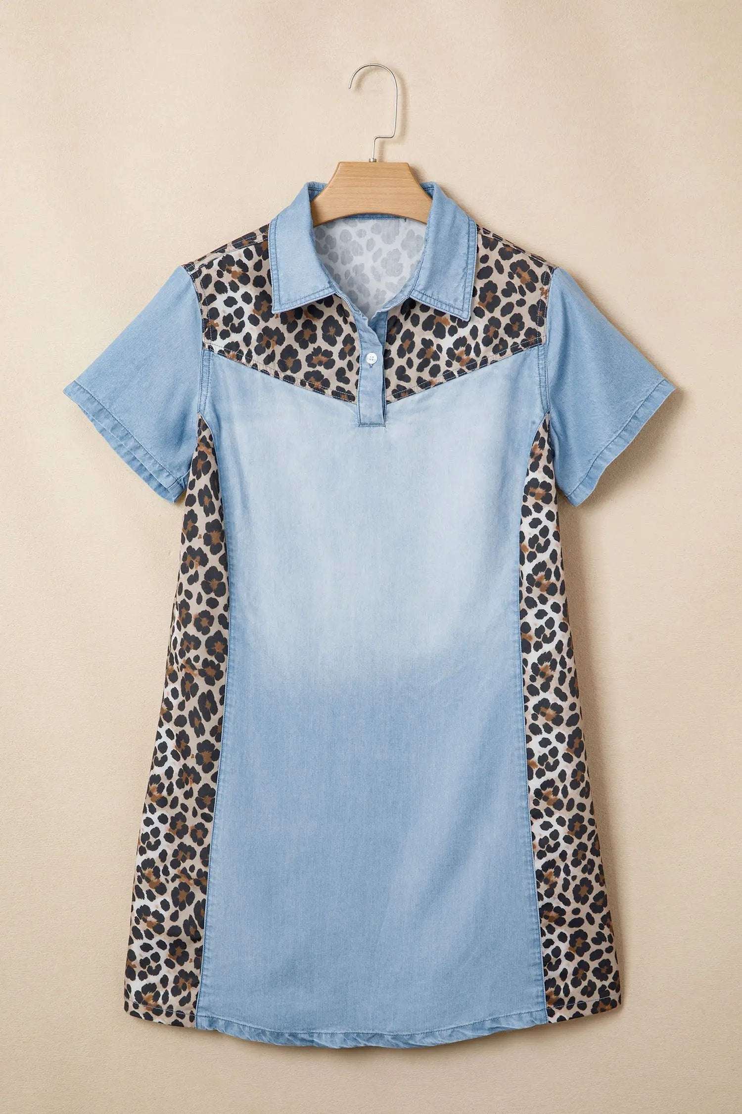 Leopard Print Mini Dress with denim color block and shirt collar