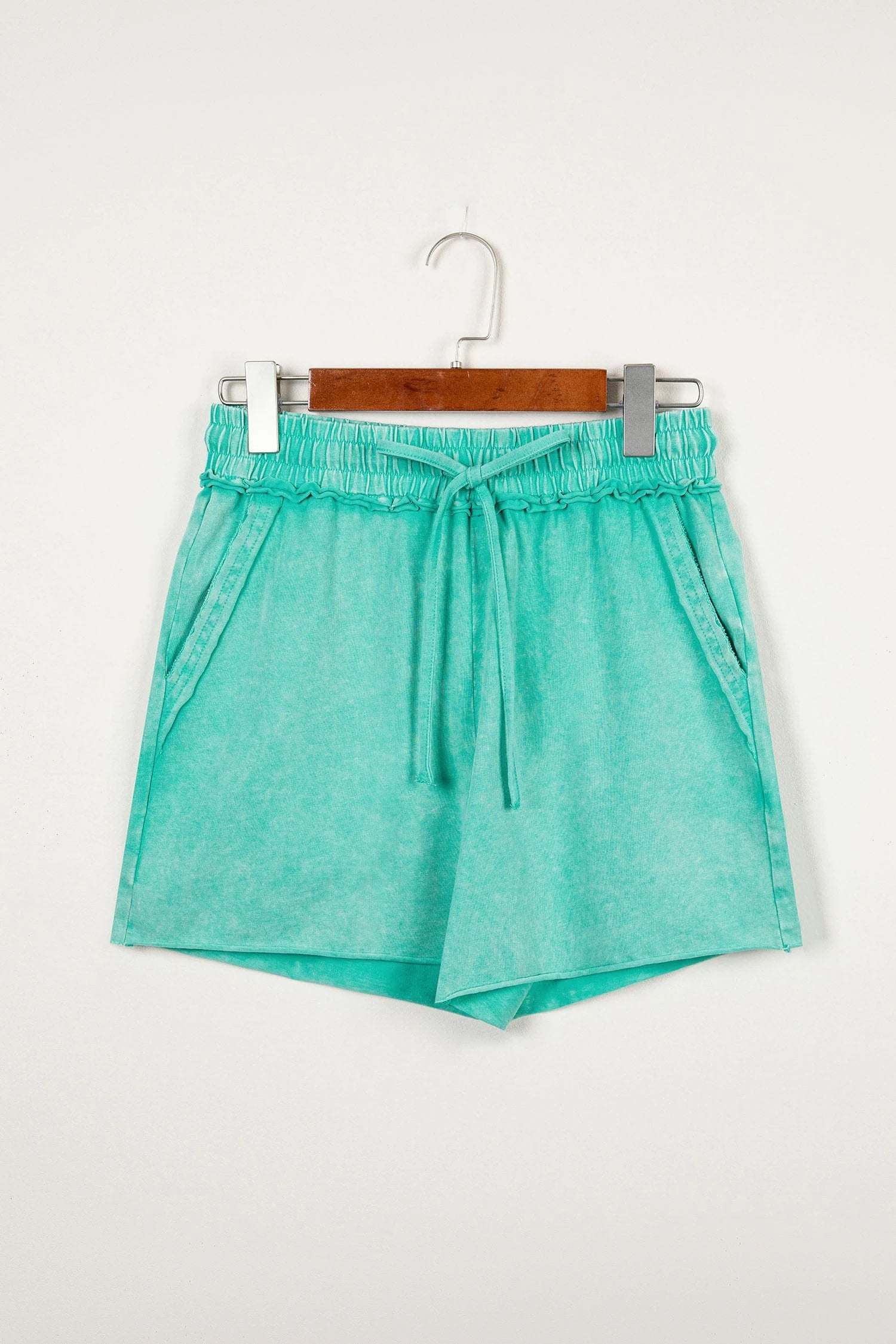 sea green mineral washed drawstring elastic waist raw cut shorts for women casual everyday outfit