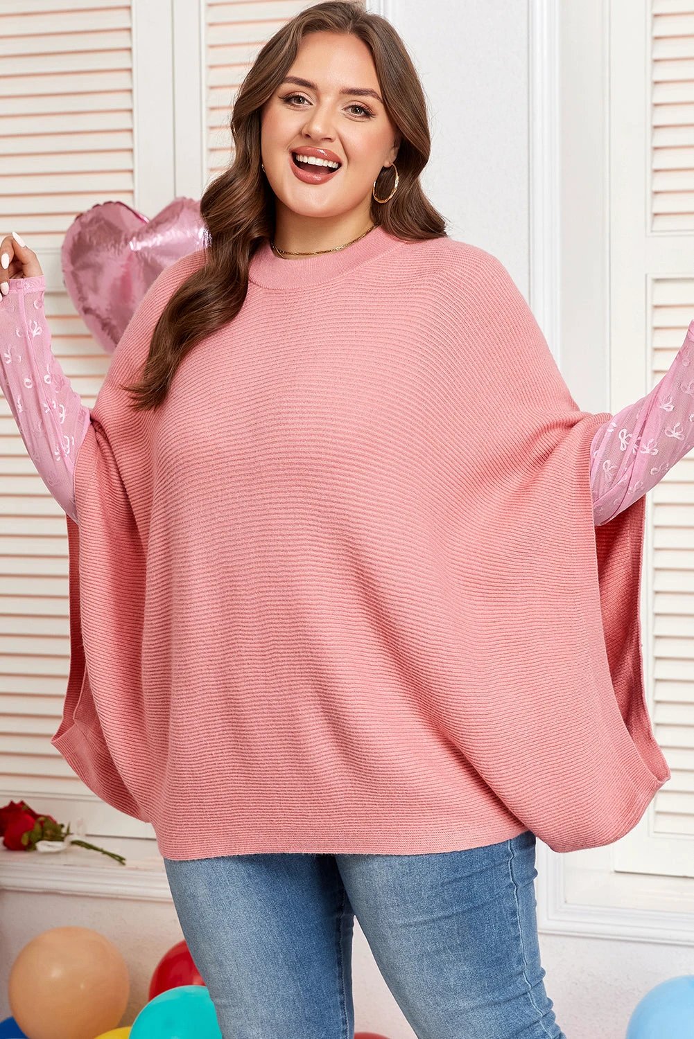 light pink ribbed knit half sleeve plus size poncho style sweater for women casual everyday outfit