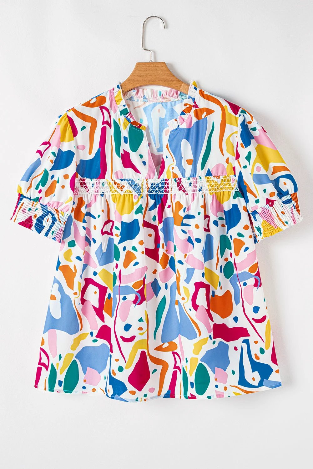 Dear-Lover Dropshipping White Abstract Print Shirred Cuff Puff Sleeve Plus Size Blouse - Plus Size/Plus Size Tops/Plus Size Blouses & Shirts