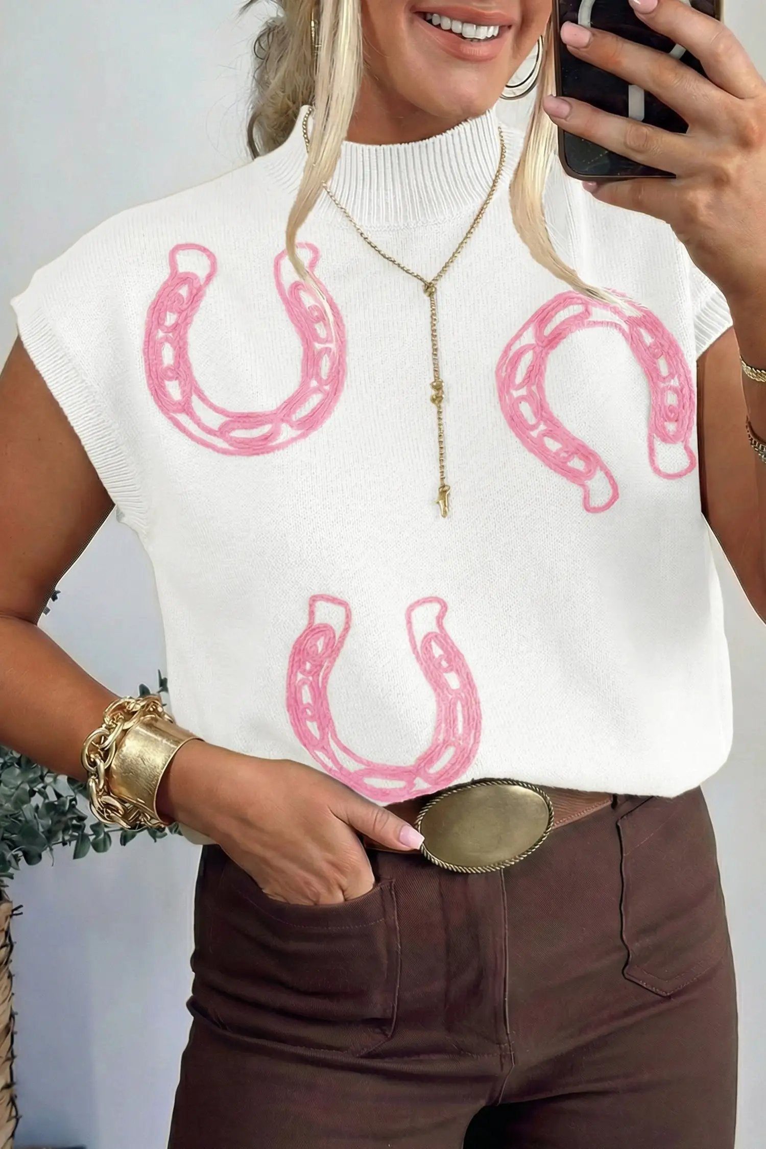 Bright green Western horseshoes ribbed mock neck short sleeve knit sweater with pink embroidery