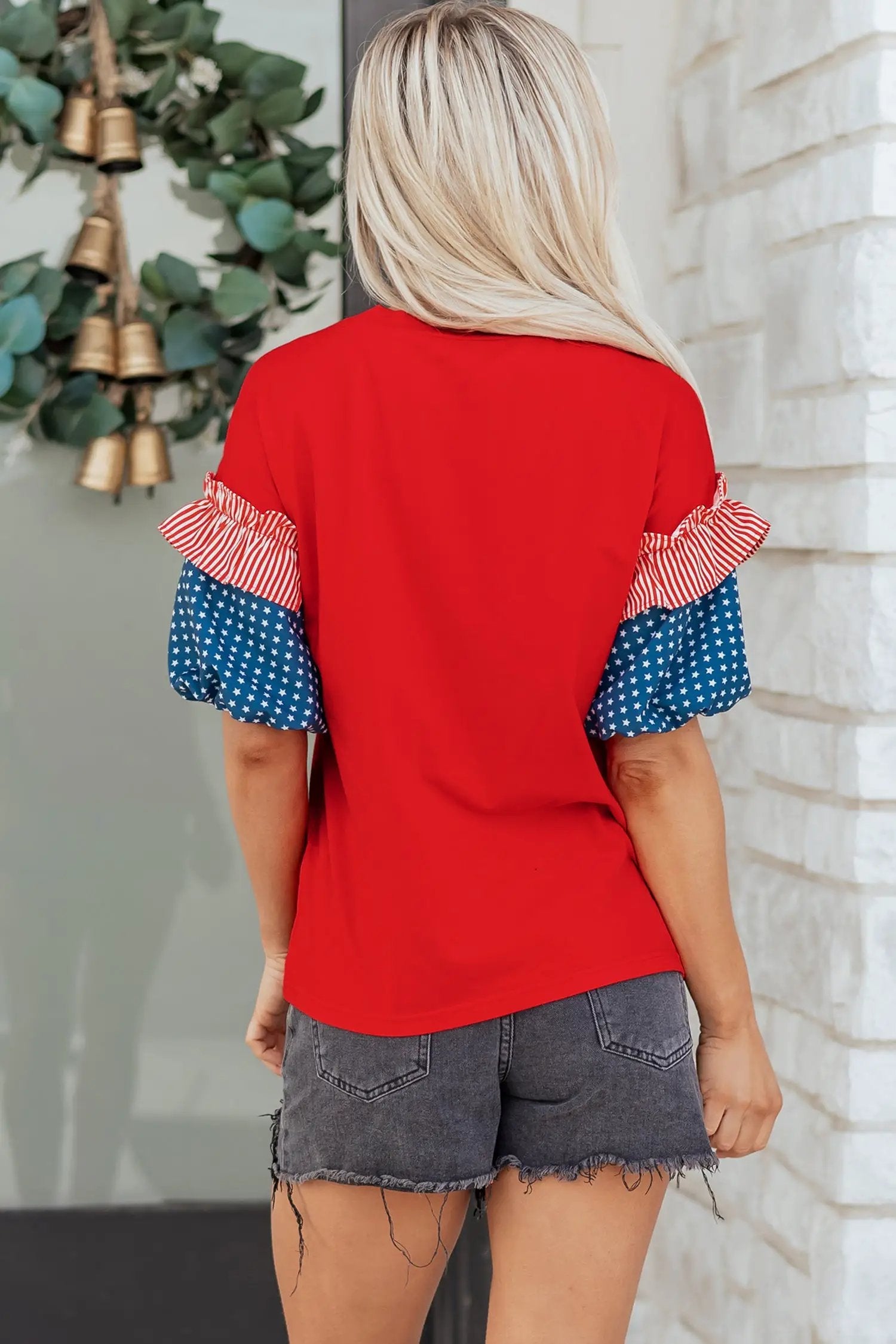 Fiery red sequin patriotic USA graphic tee with contrast spliced sleeves