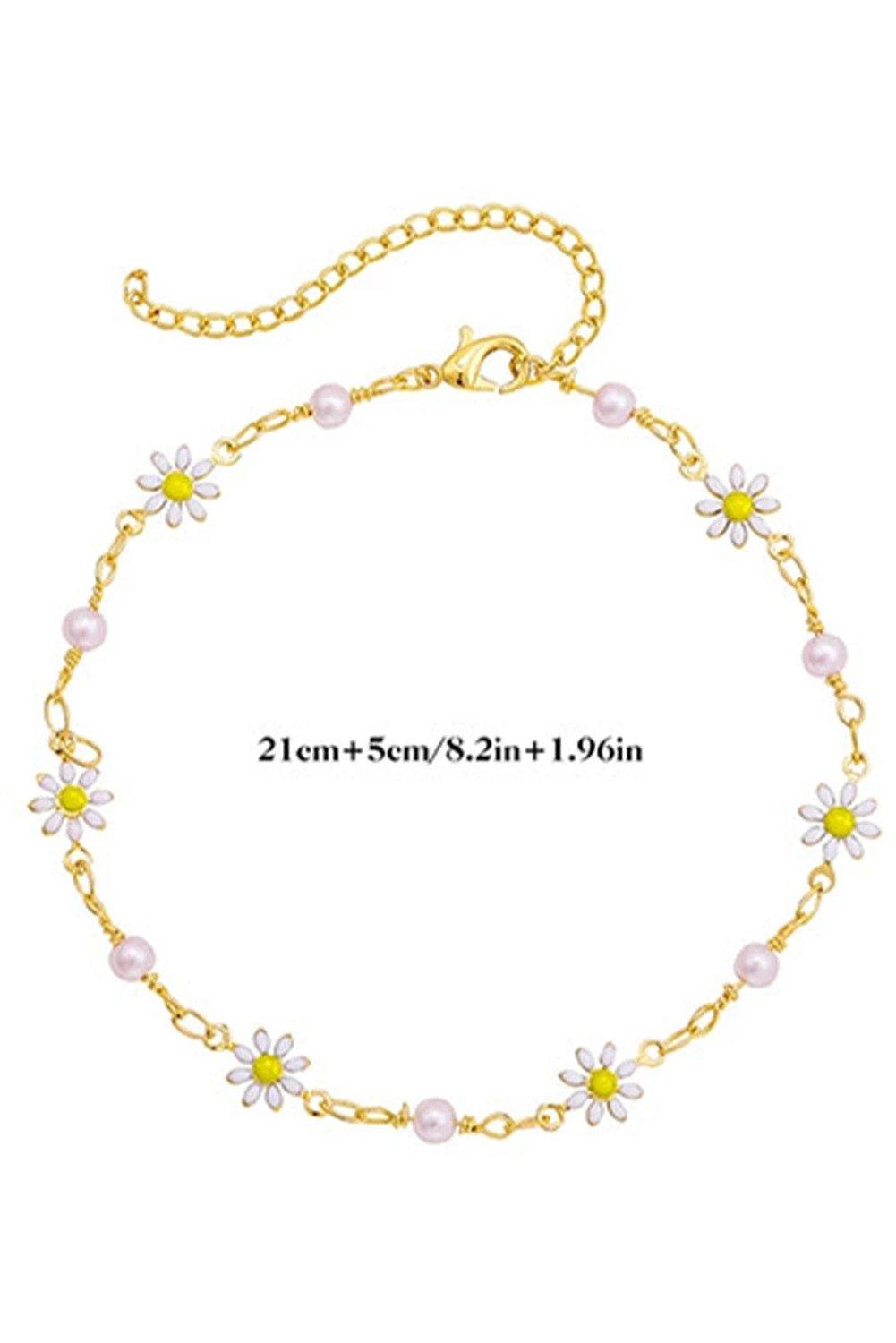 gold daisy & pearl chain anklet for women casual everyday outfit