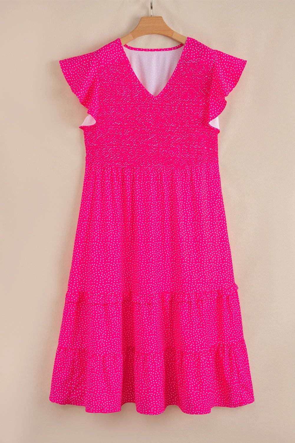 rose polka dot print ruffled smocked high waist plus midi dress for women casual everyday outfit