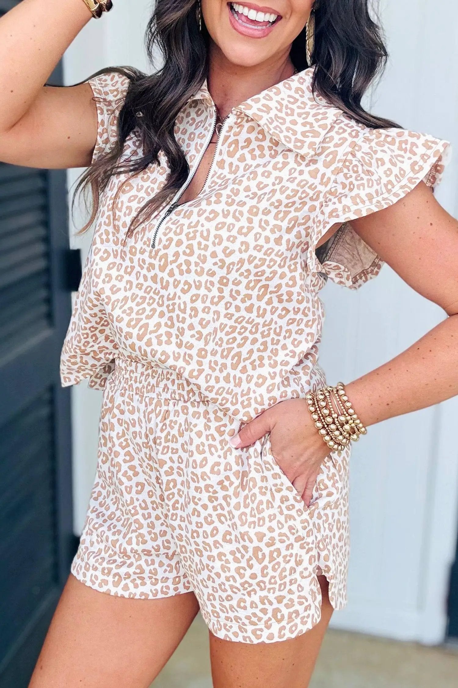 beige leopard zip polo top 2pcs short set for women casual everyday outfit