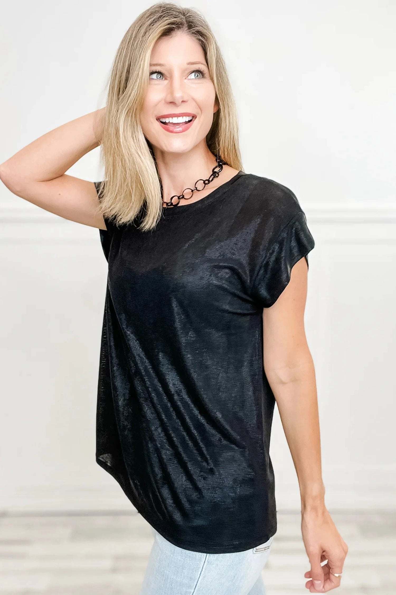 black metallic round neck cap sleeve tee for women casual everyday outfit