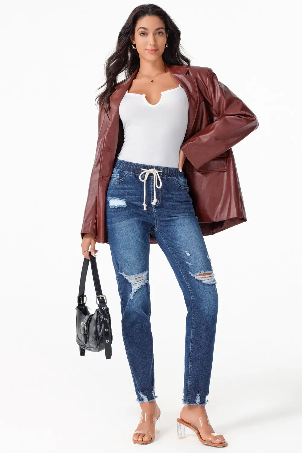 Navy Blue elastic waist straight leg destroyed raw hem jeans for women casual everyday outfit