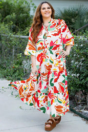 Plus size Weekend Pretty floral maxi dress with V-neck, drawstring and tiered skirt in vibrant floral print