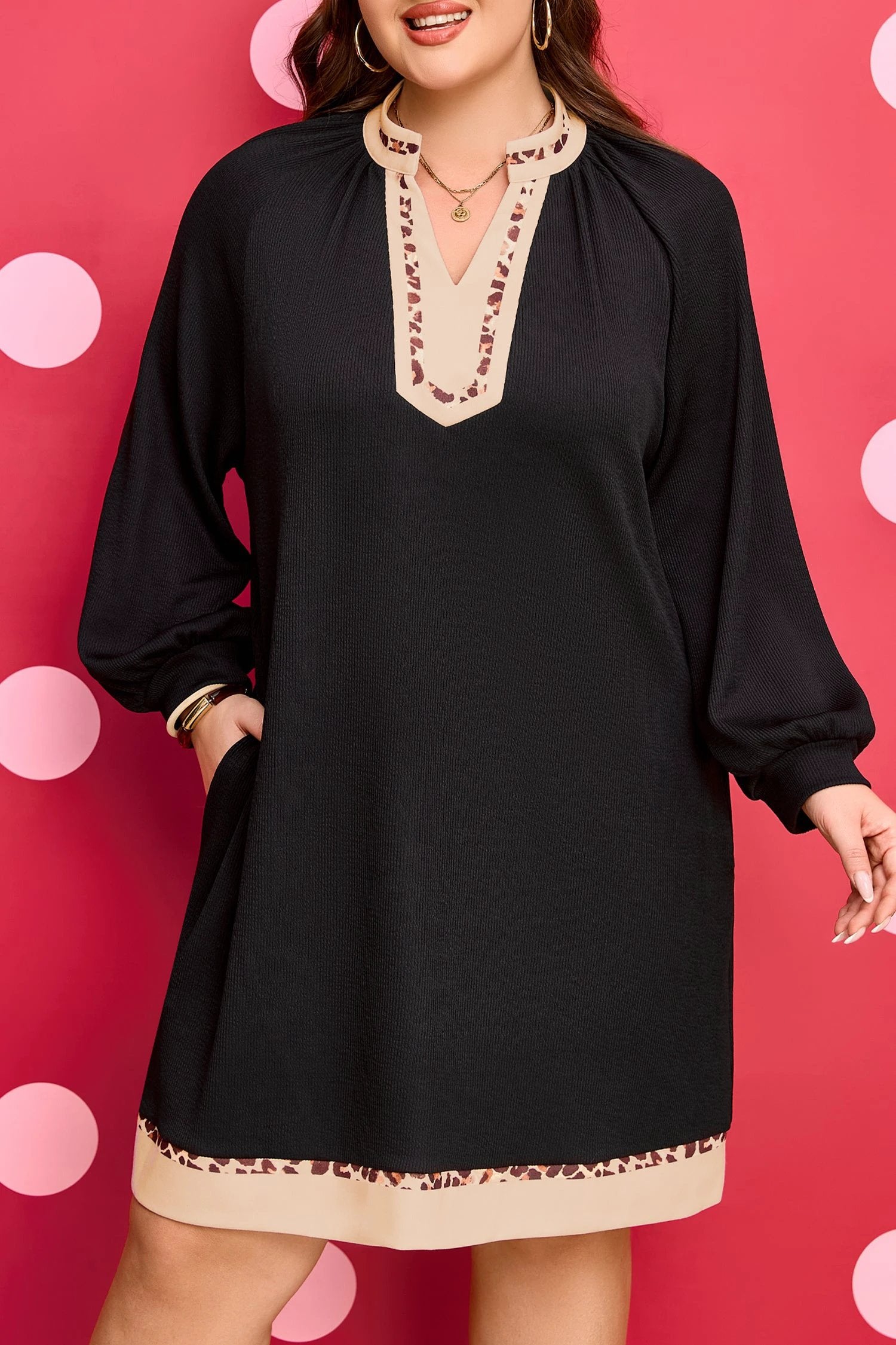 Dear-Lover Dropshipping Black Contrast Color Block Leopard Trim Plus Size Ribbed Dress - Plus Size/Plus Size Dresses/Plus Size Mini Dresses