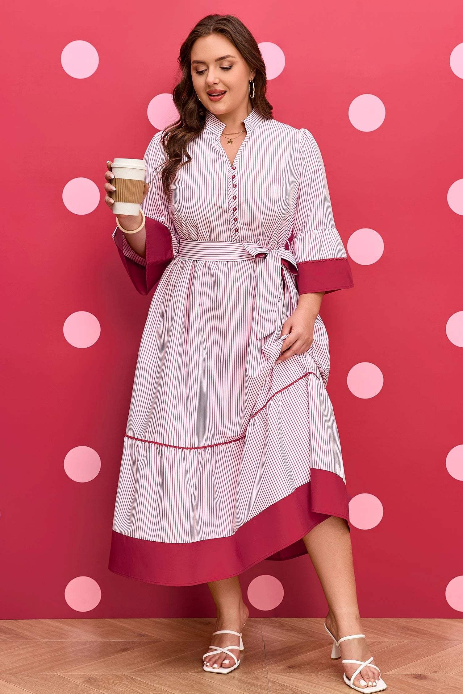 red stripe plus size ruffled hem pinstriped midi dress for women casual everyday outfit