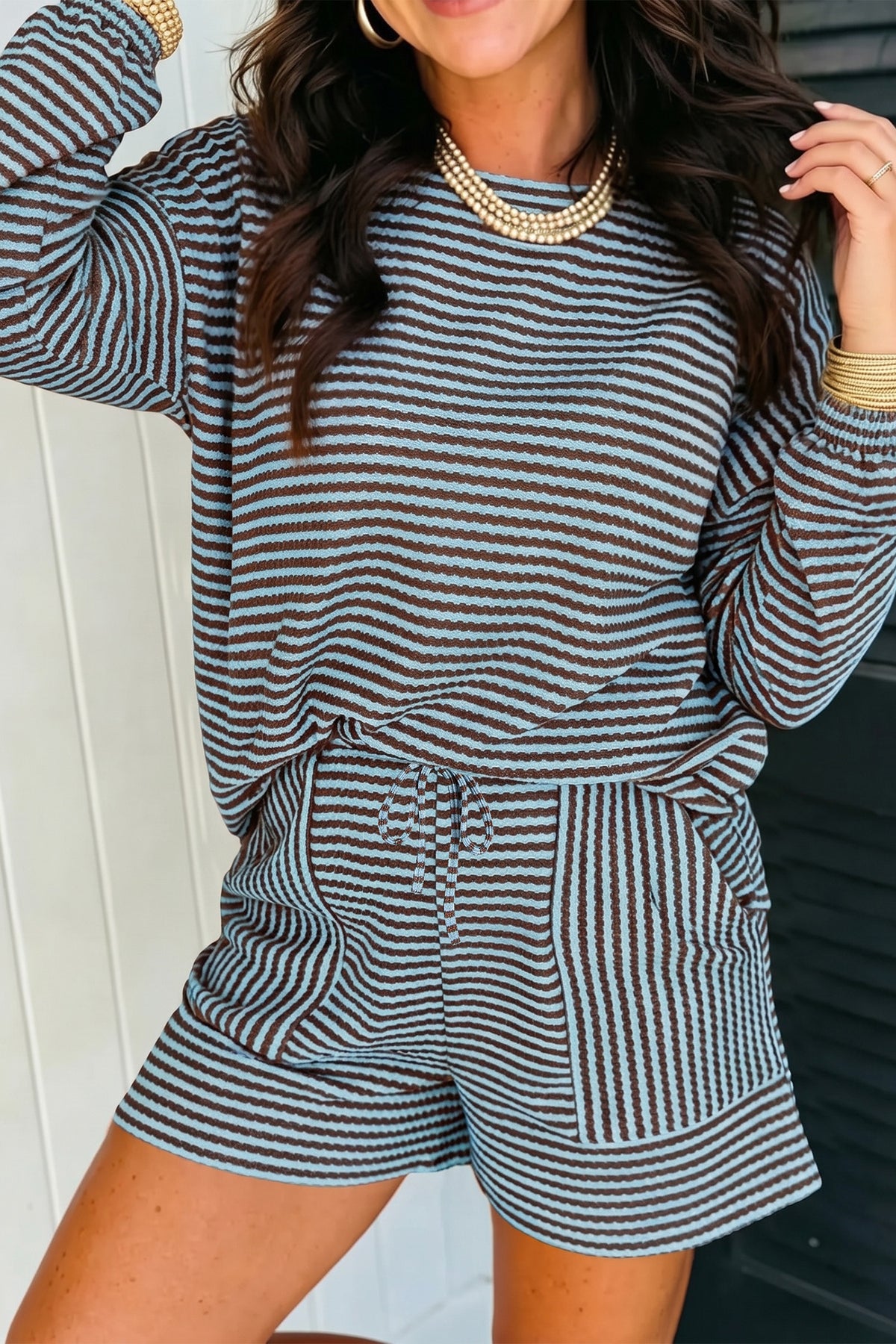 Brown Stripe Textured Knit Long Sleeve Top Elastic Waist Shorts Casual Outfit