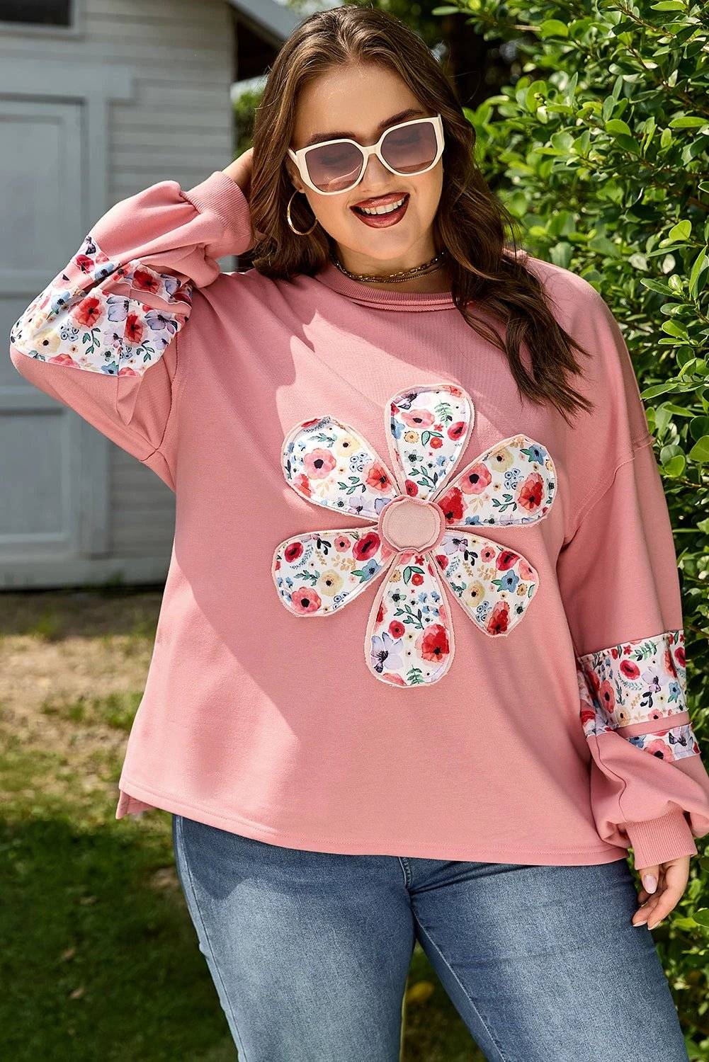 Plus size drop shoulder sweatshirt with peach blossom floral applique for feel-good confidence