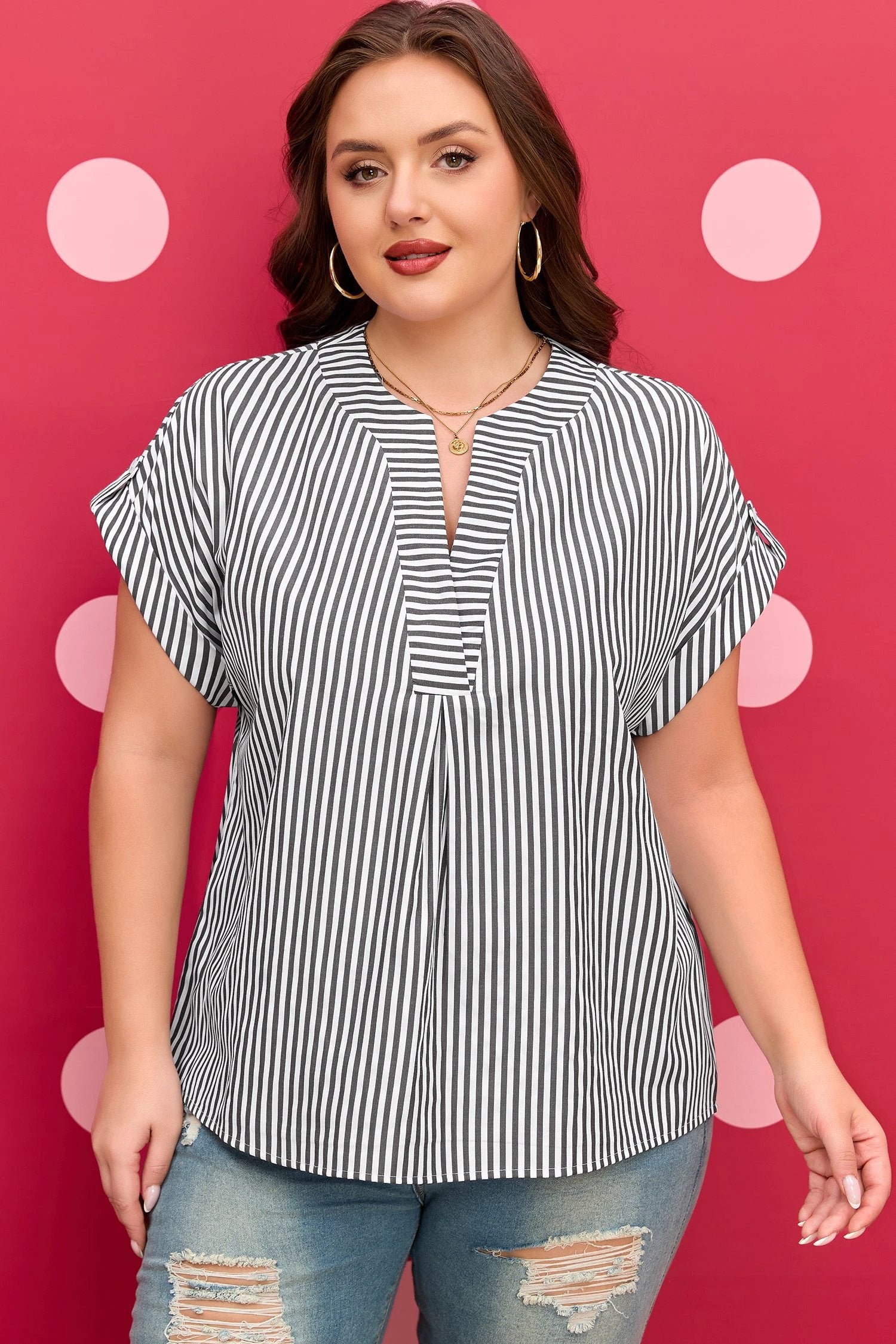 Dear-Lover Dropshipping Black Stripe Plus Size V Neck Roll-tab Short Dolman Sleeve Blouse - Plus Size/Plus Size Tops/Plus Size Blouses & Shirts