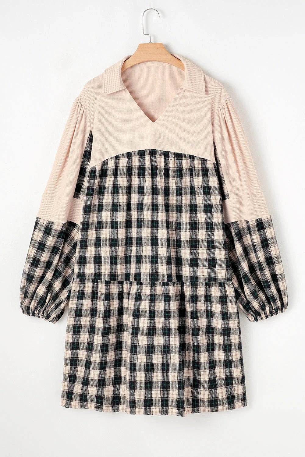 Plus size collared V-neck mini dress with plaid waffle knit patchwork and Main Character Energy style