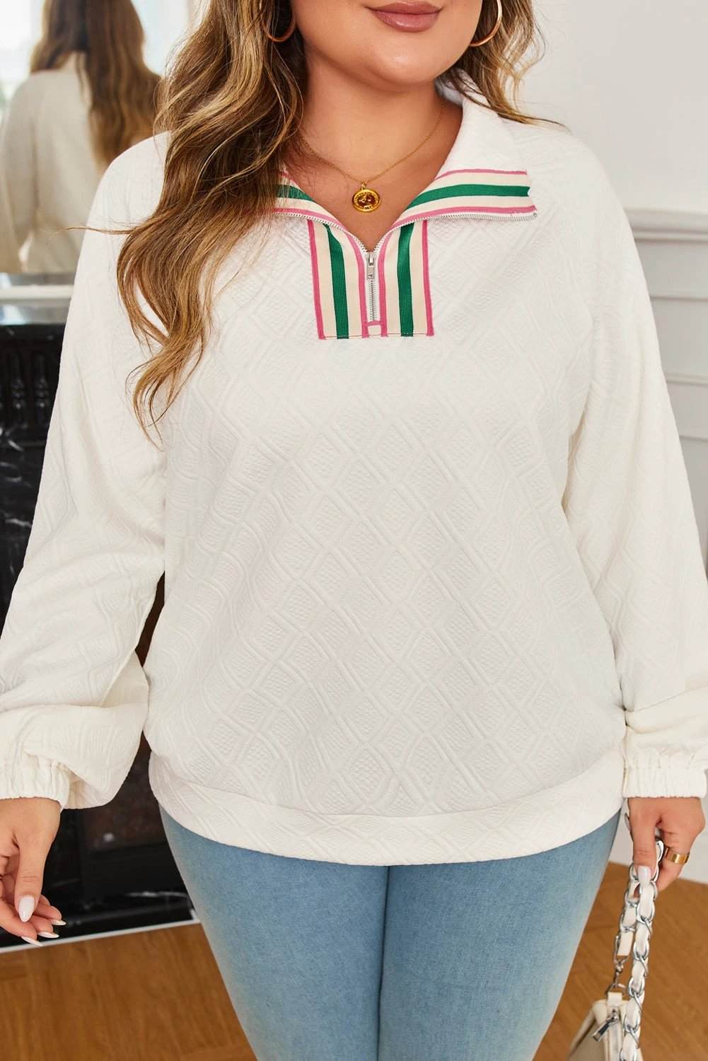 Plus size oversized rhombus texture sweatshirt with striped collar on plus size model