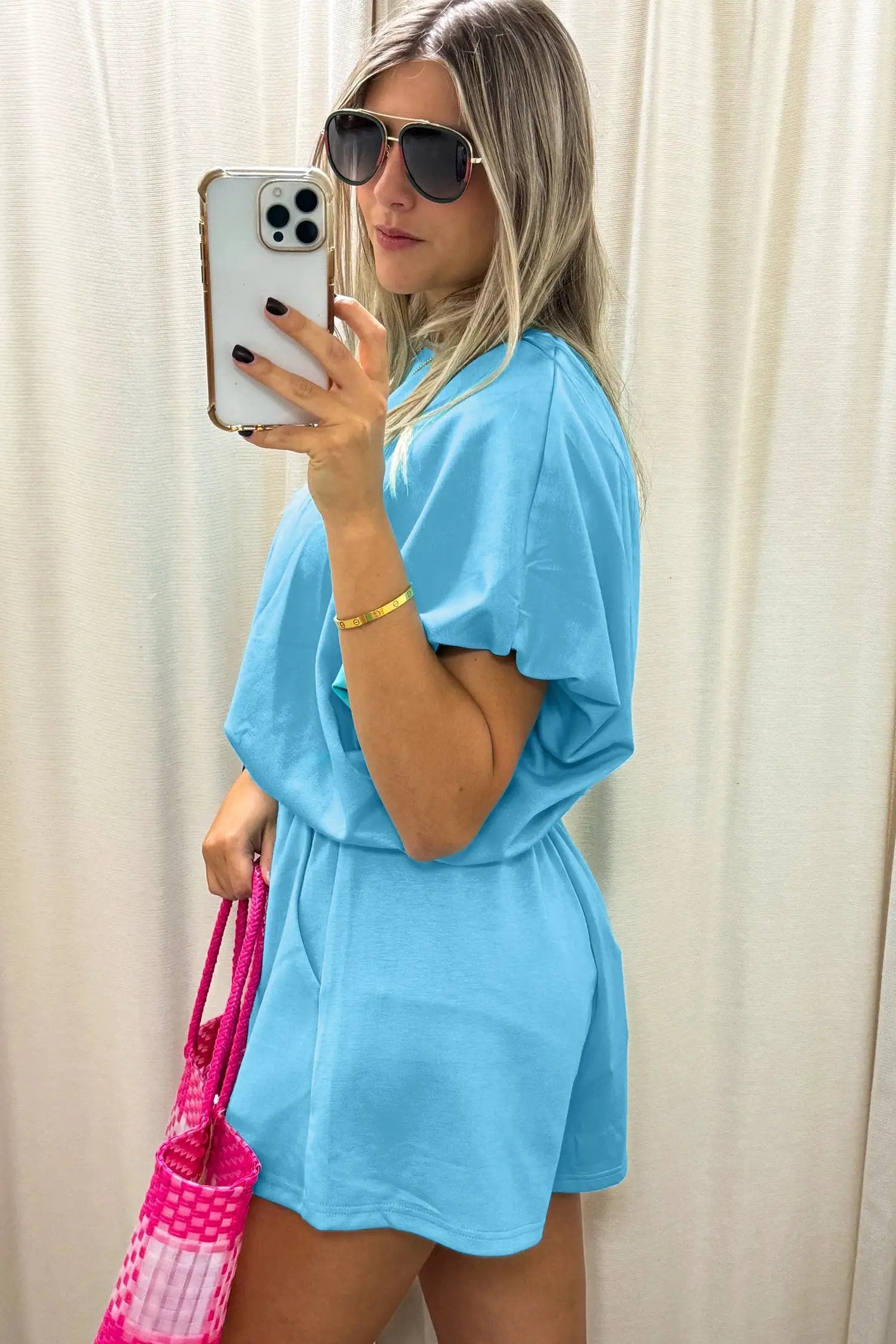 green solid color puffy loose top drawstring shorts 2pcs outfit for women casual everyday outfit