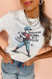 Casual Throw-On-and-Go baseball tee with "SHOT CALLER WANNA BE A BALLER" graphic for effortless everyday style