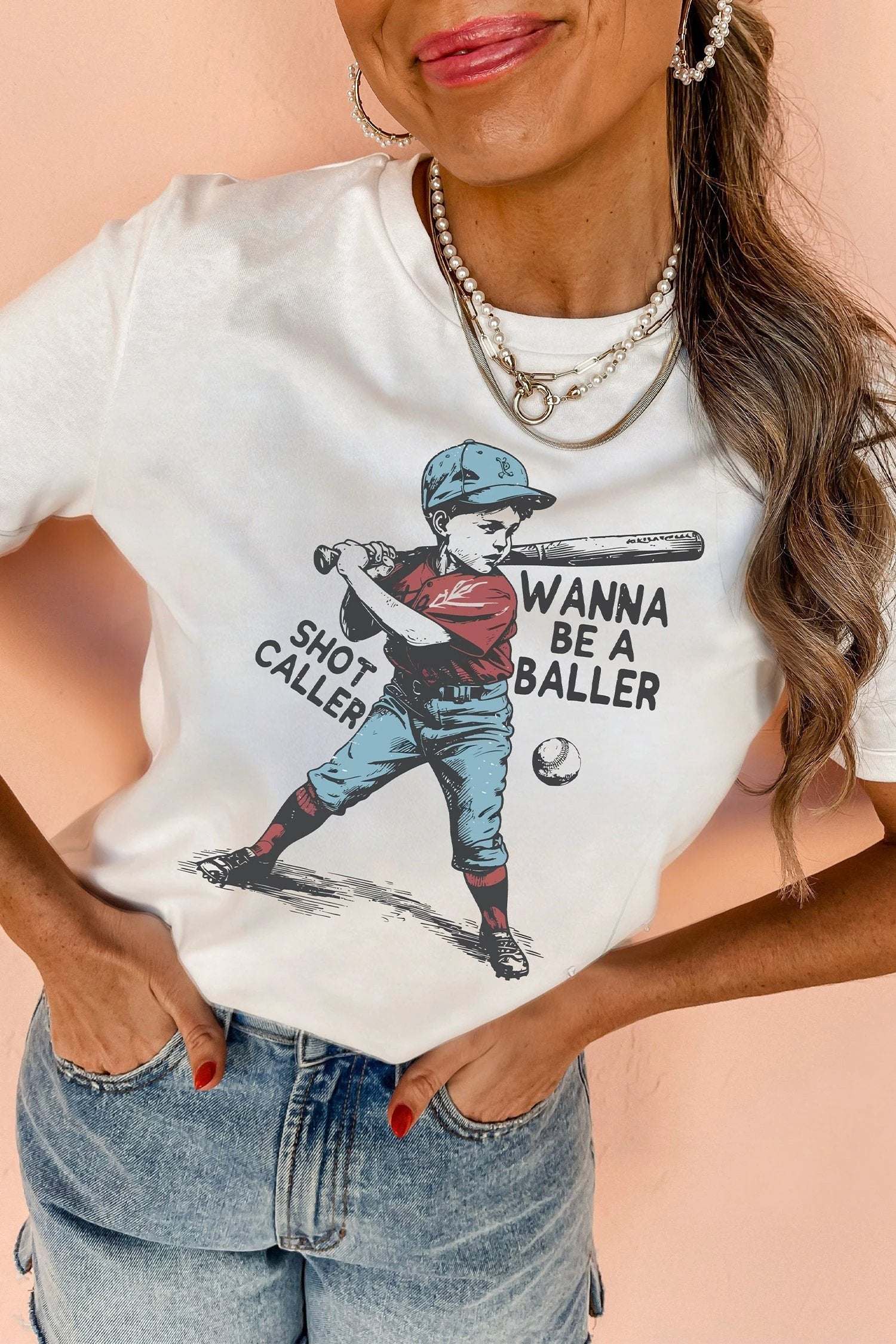 Casual Throw-On-and-Go baseball tee with "SHOT CALLER WANNA BE A BALLER" graphic for effortless everyday style