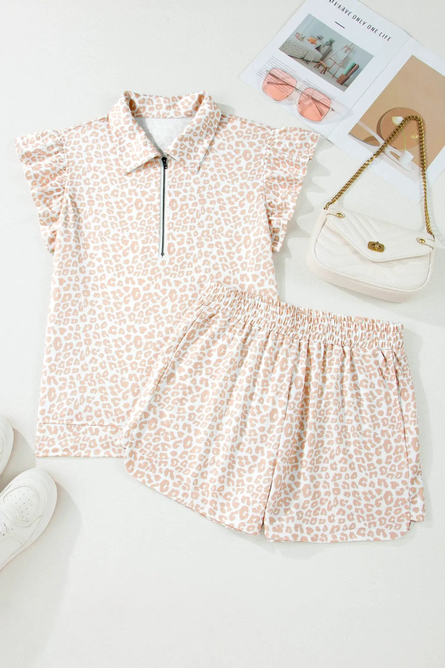beige leopard zip polo top 2pcs short set for women casual everyday outfit