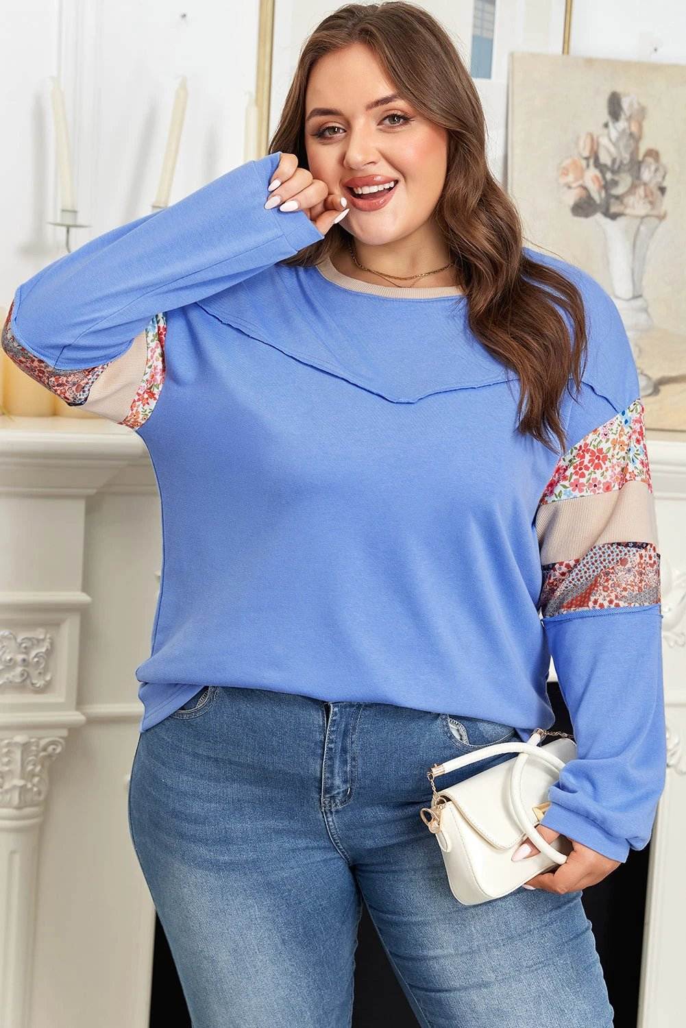 Plus size mom confidence boho floral relaxed top with exposed seam patchwork