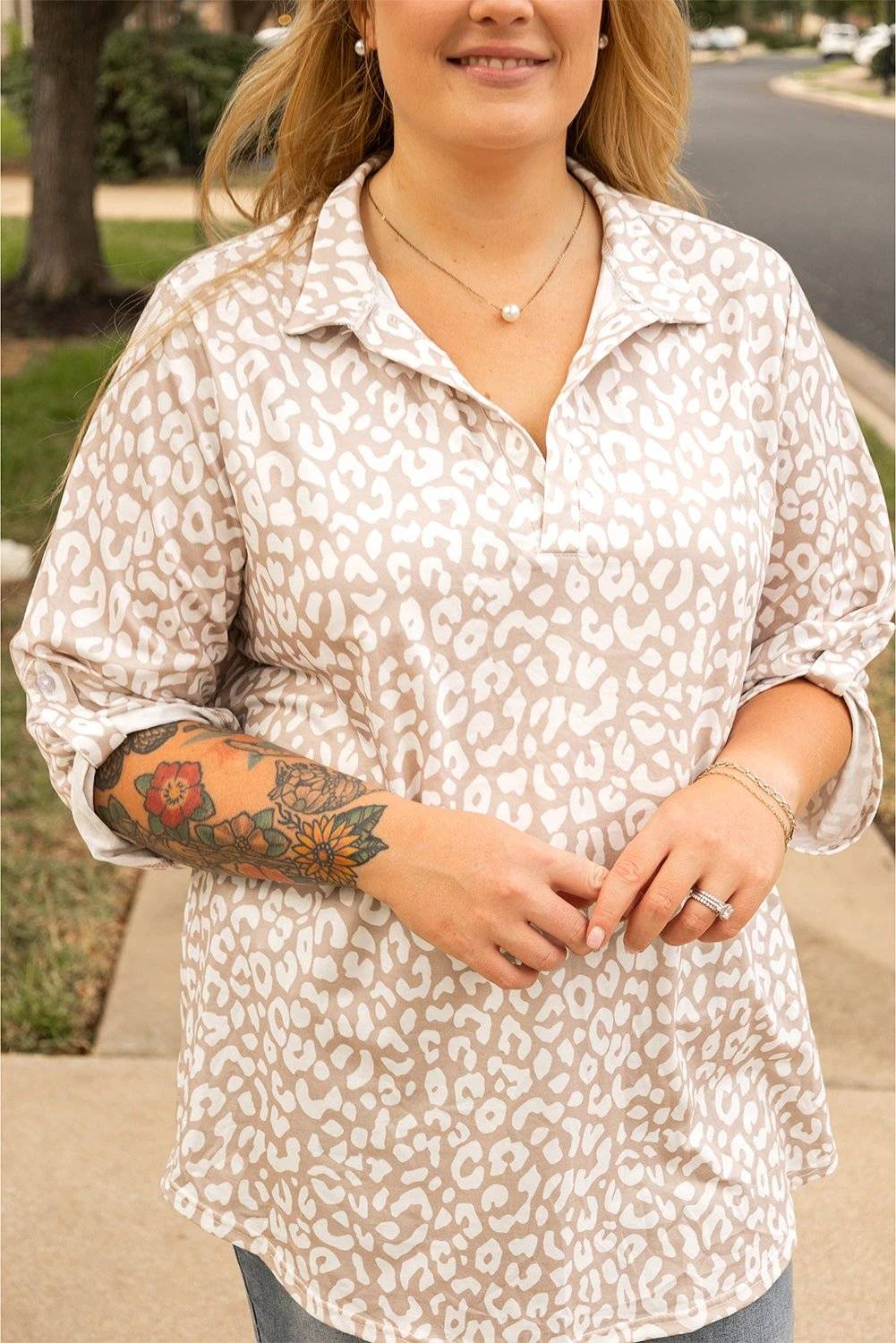 Dear-Lover Dropshipping Apricot Leopard Tab Sleeve V Neck Plus Size Top - Plus Size/Plus Size Tops/Plus Size Blouses & Shirts