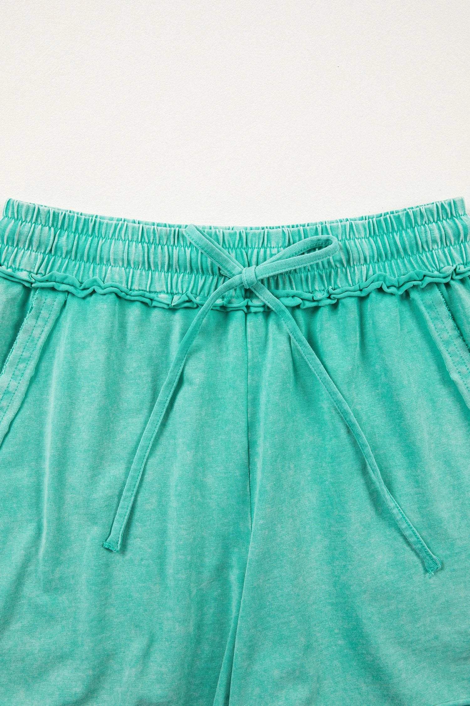 sea green mineral washed drawstring elastic waist raw cut shorts for women casual everyday outfit