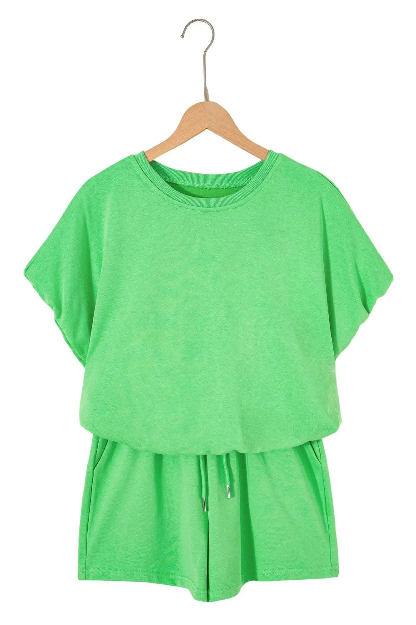 J&H Apparel Green Solid Color Puffy Loose Top Drawstring Shorts 2pcs Outfit - Outfit Sets Two Piece Sets/Short Sets