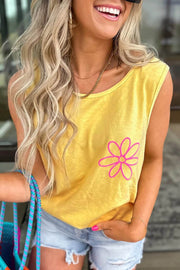 Sun-kissed yellow floral graphic tank top with relaxed fit and breathable fabric