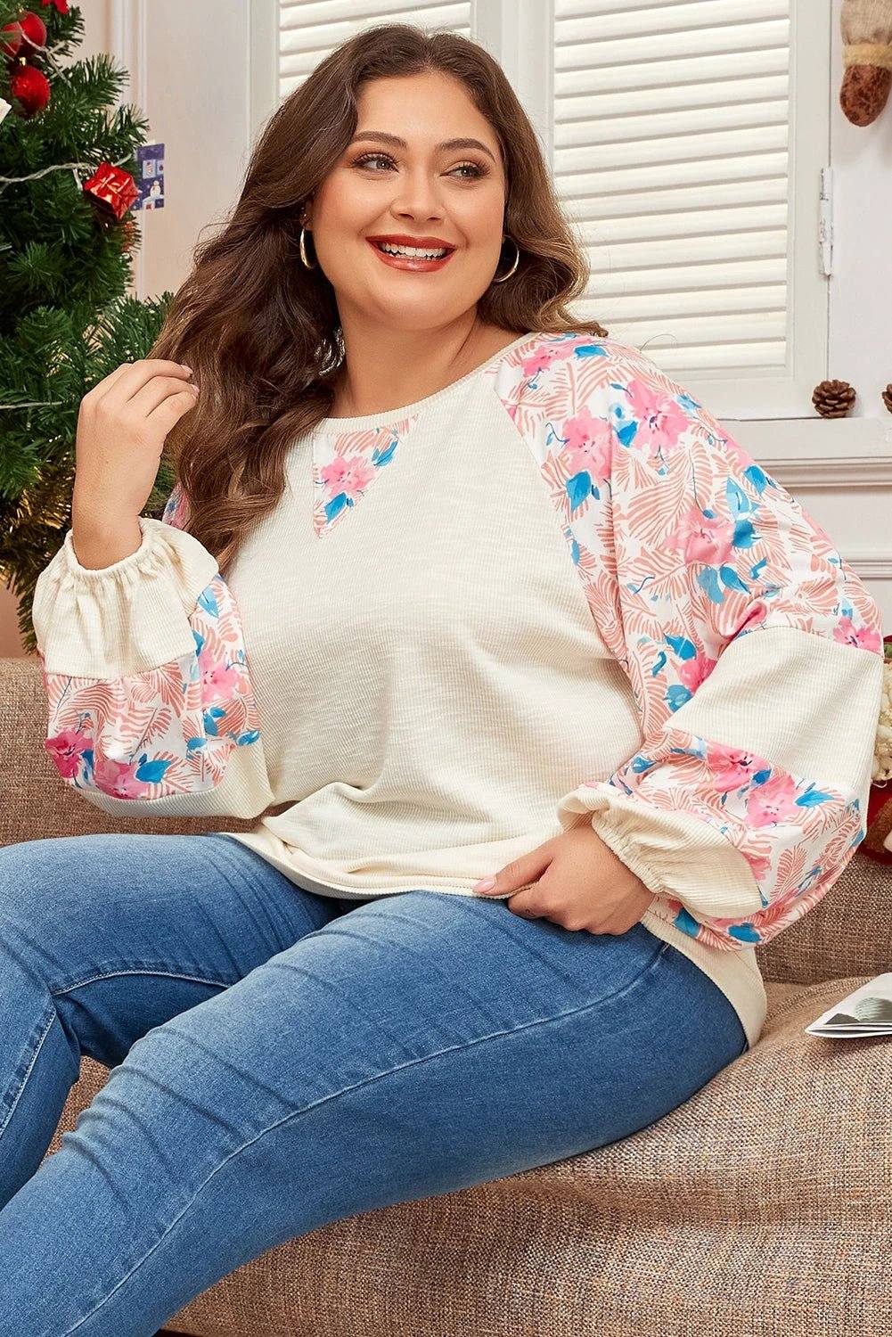 apricot plus size floral patchwork ribbed puff sleeve top for women casual everyday outfit