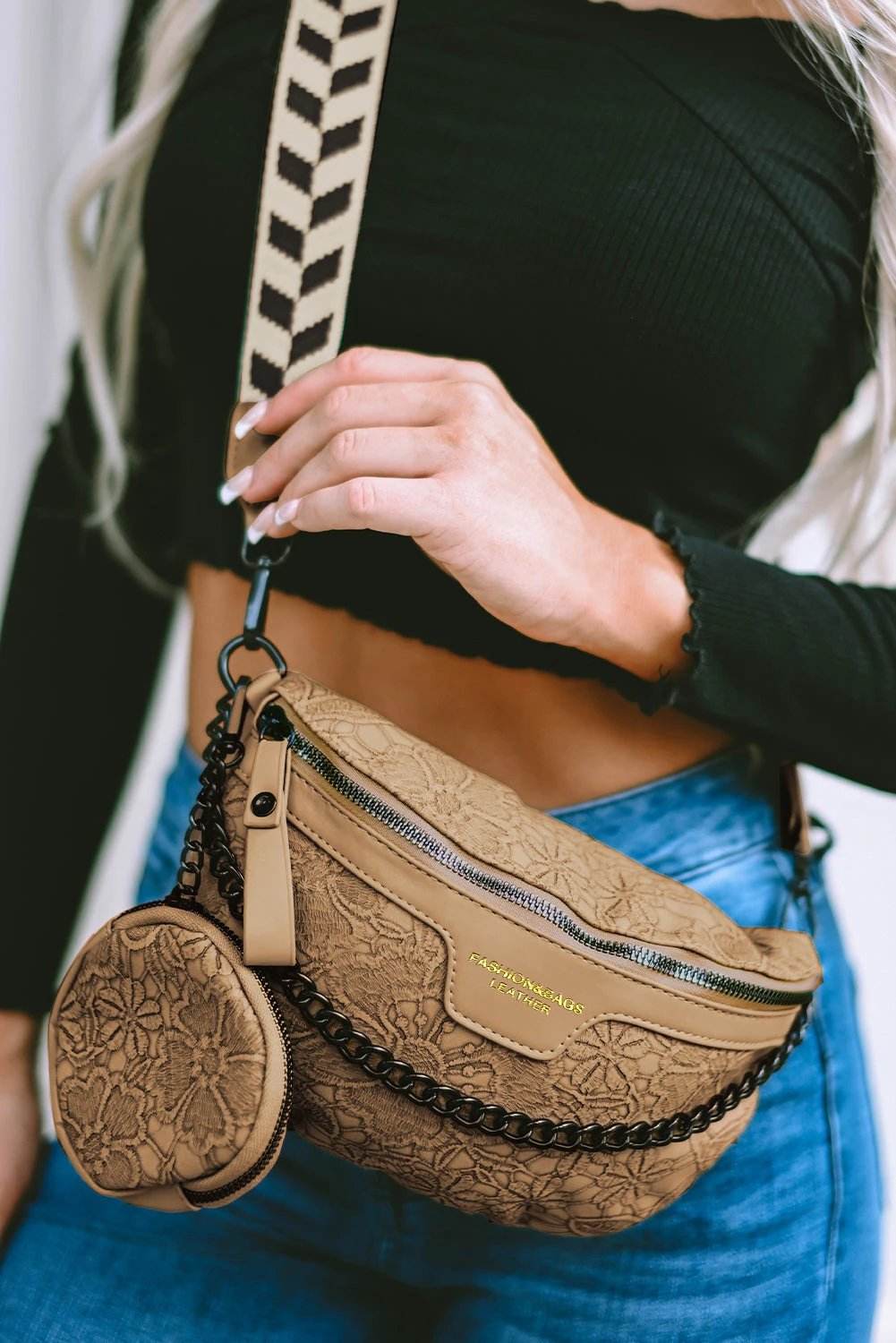 Boho Chic camel colorblock crossbody bag with chain strap and coin purse