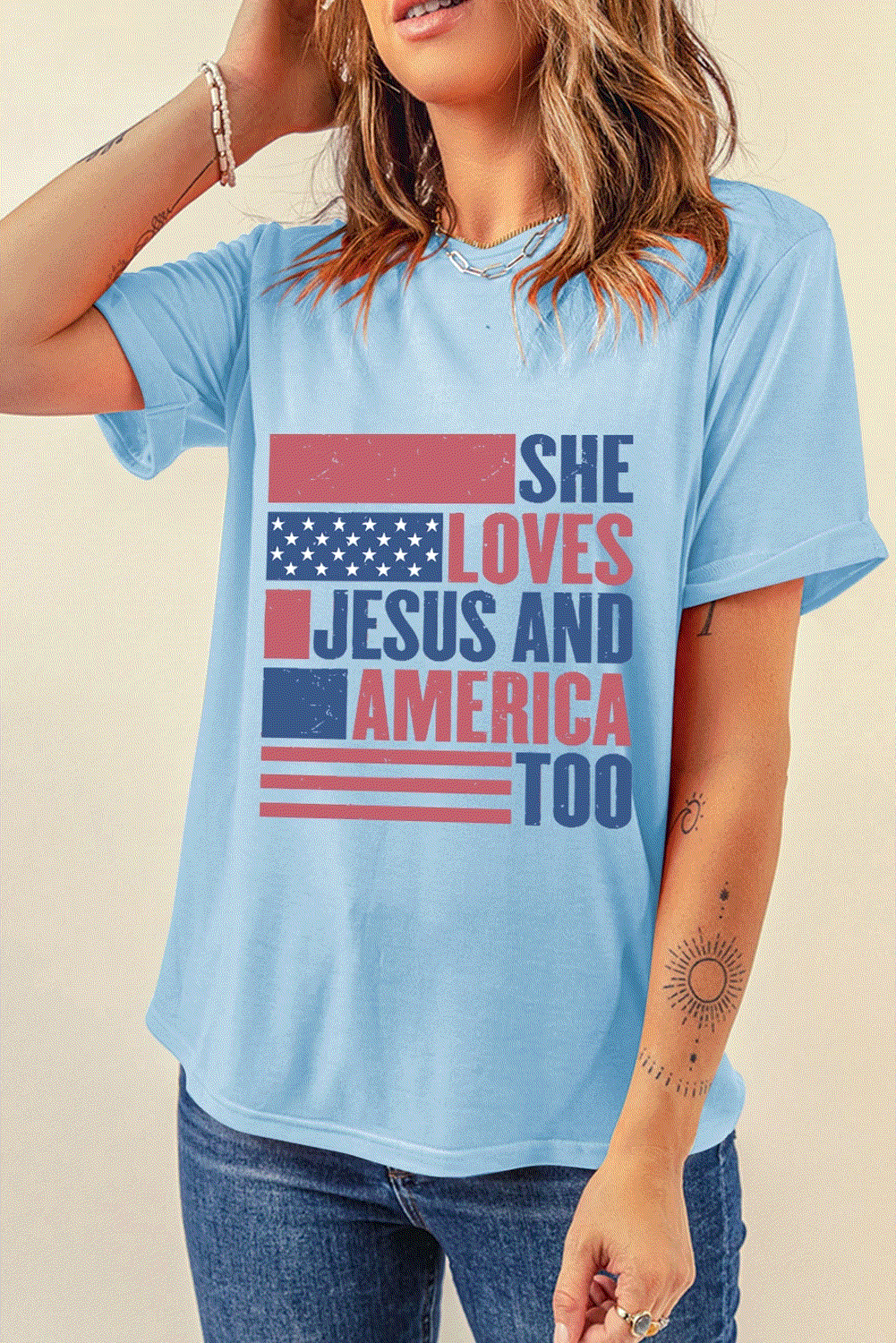 light blue she loves jesus and america too flag graphic t shirt for women casual everyday outfit
