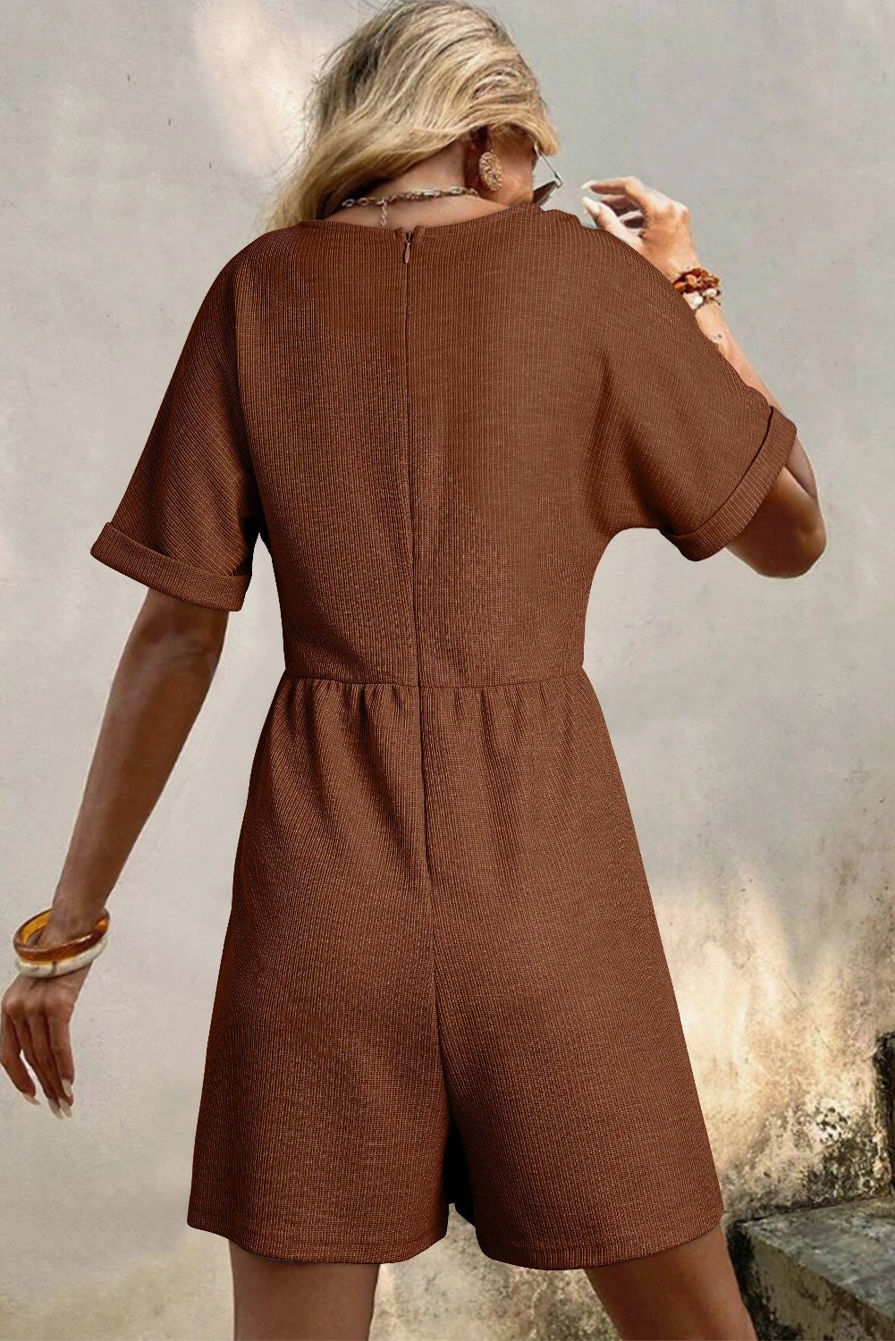 coffee solid color knit v neck zipped loose romper for women casual everyday outfit