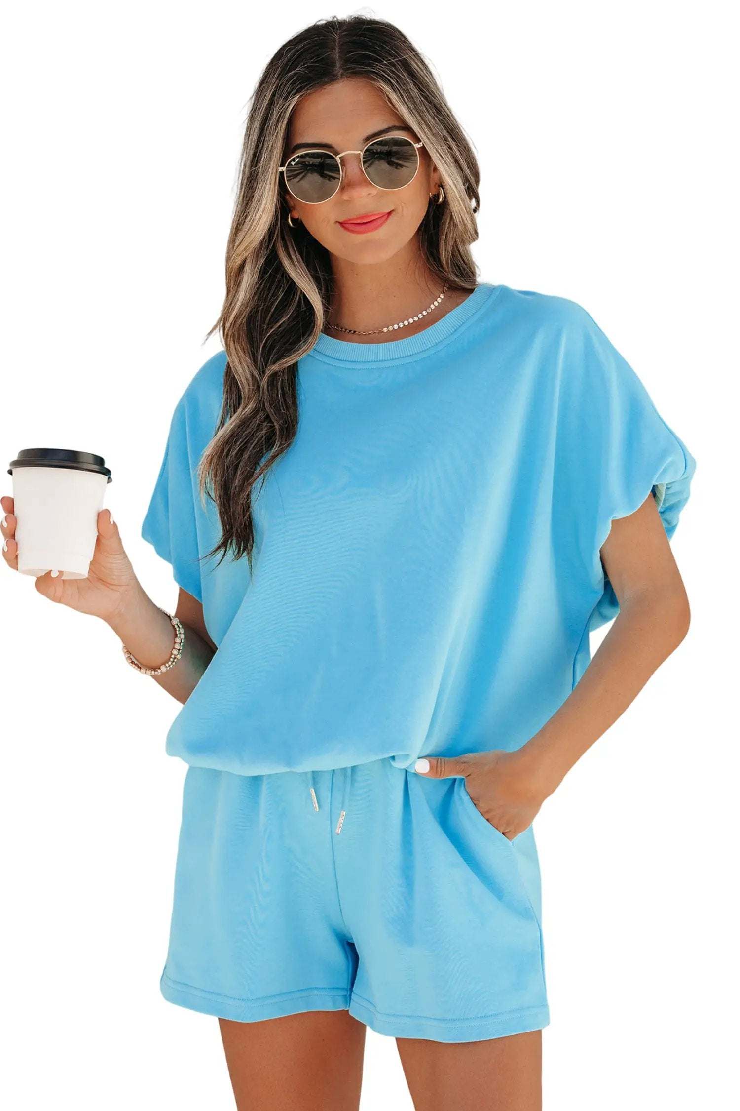 J&H Apparel Green Solid Color Puffy Loose Top Drawstring Shorts 2pcs Outfit - Outfit Sets Two Piece Sets/Short Sets