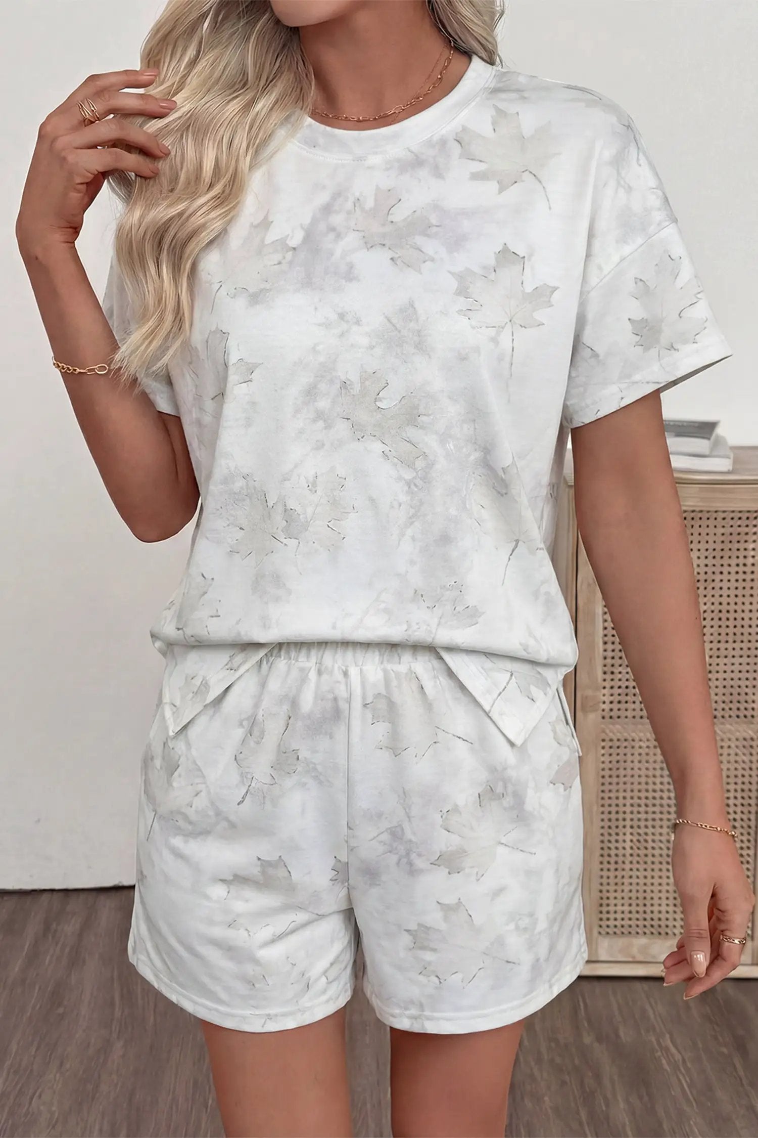 white woodland camouflage casual 2pcs short set for women casual everyday outfit