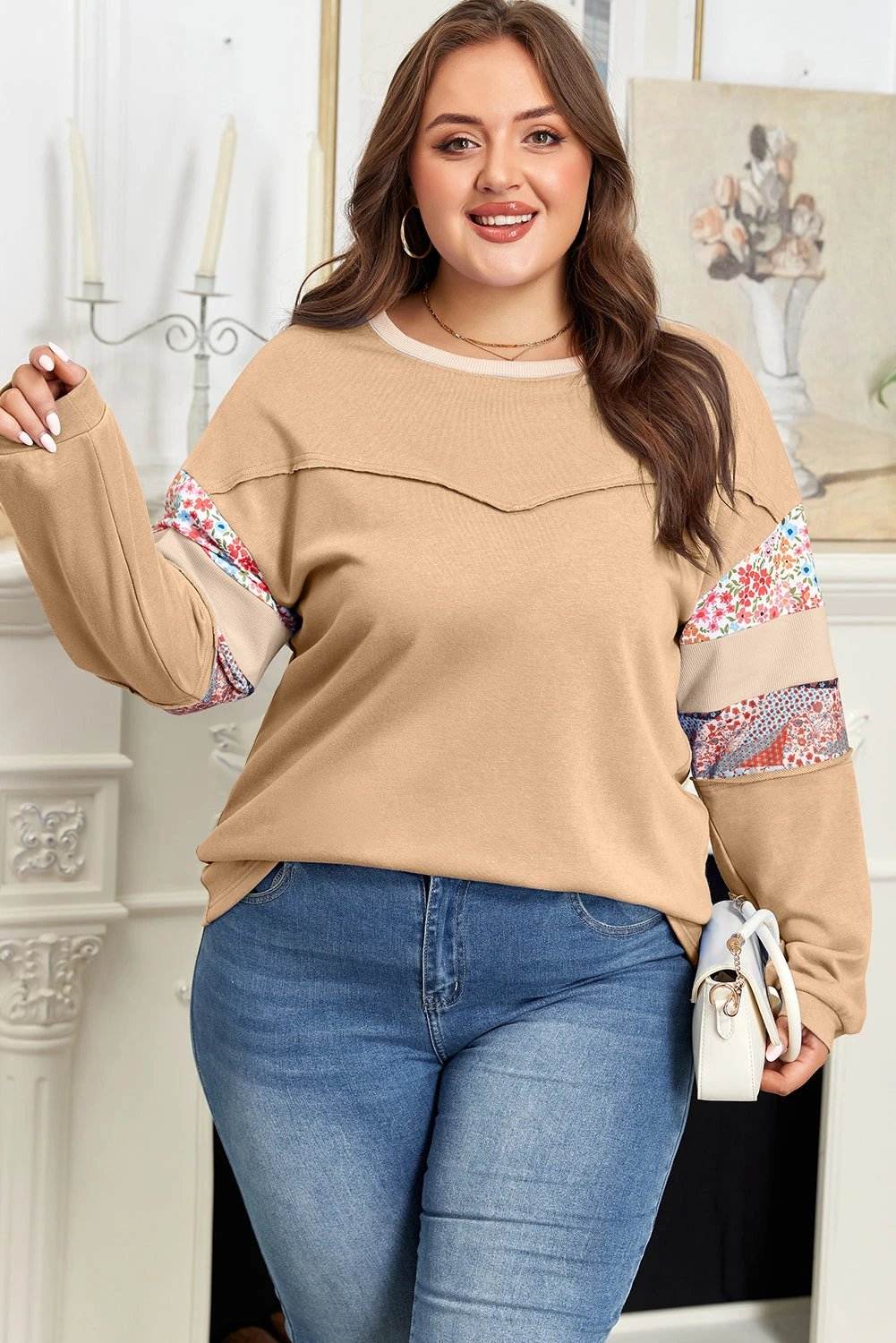 Plus size Mom Confidence boho floral top with exposed seam patchwork and relaxed fit